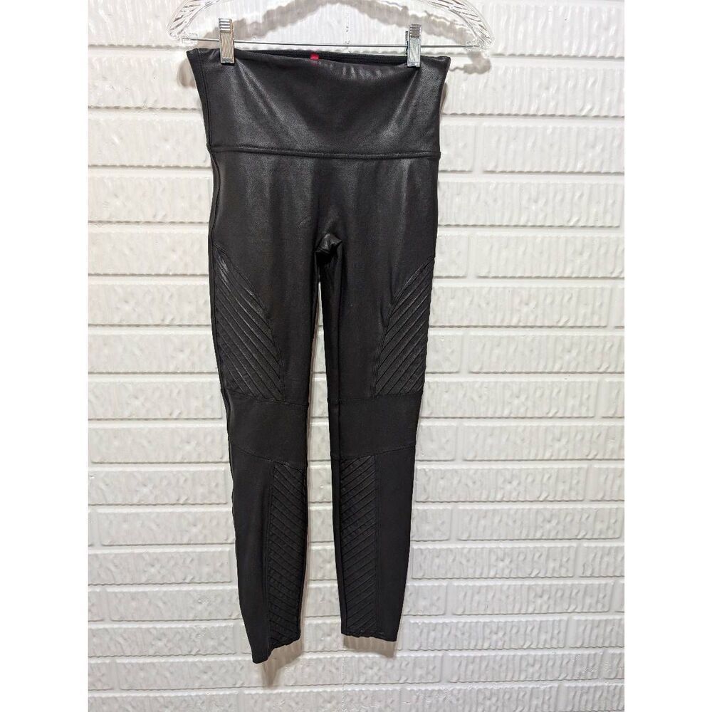Spanx Women's Black Solid Mid-Rise Faux Leather Leggings Size L